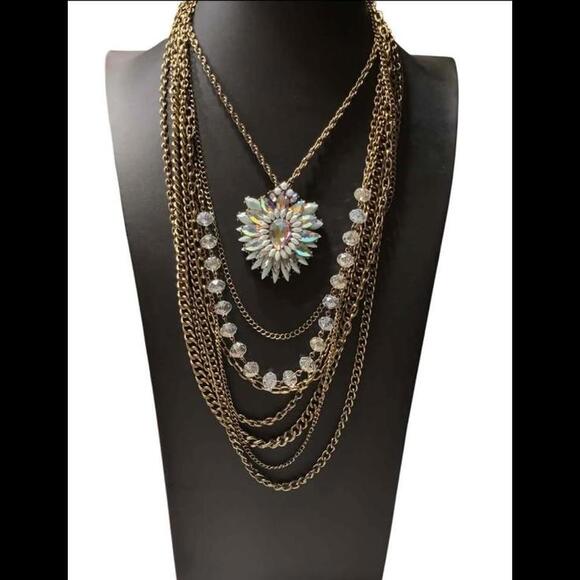 Vintage 1980's Multi-Strands Necklace w/ Aqua and Aurora Borealis Floral Pendant - Picture 1 of 6